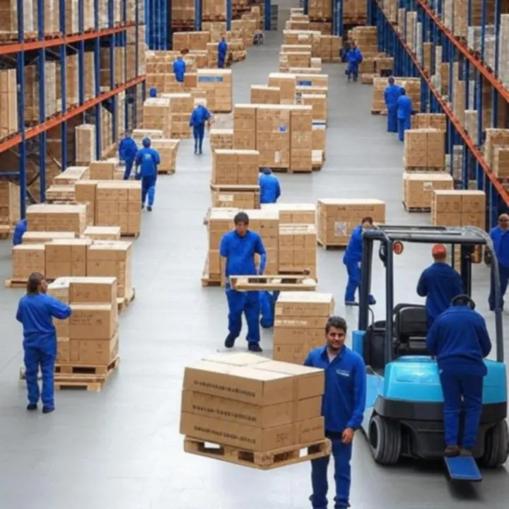 Pracownicy w trakcie operacji logistycznych w nowoczesnym magazynie